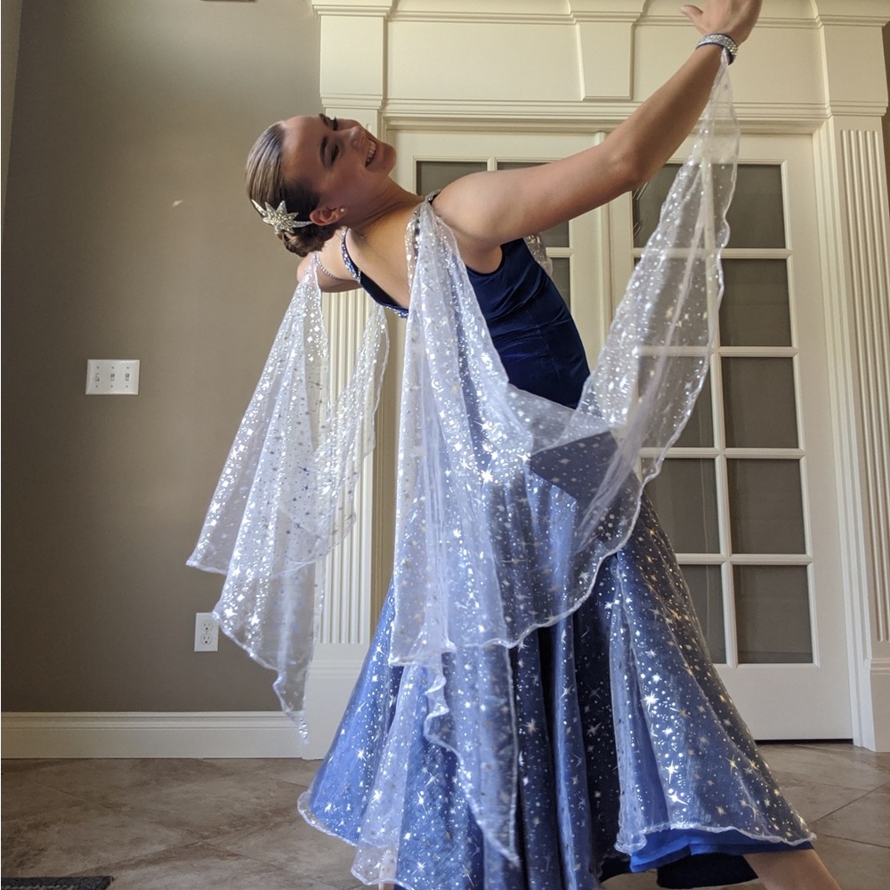 Midnight Blue Ballroom Competition Dress (Smooth) w/ floats & hair piece